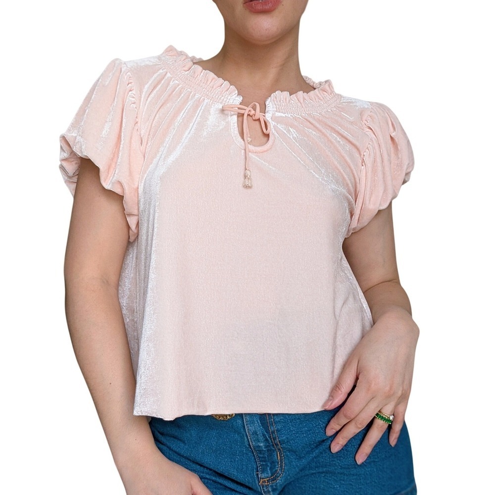 Free People Coquette Boho Chic Peach Pink Peasant Puff Sleeve Velvet Blouse